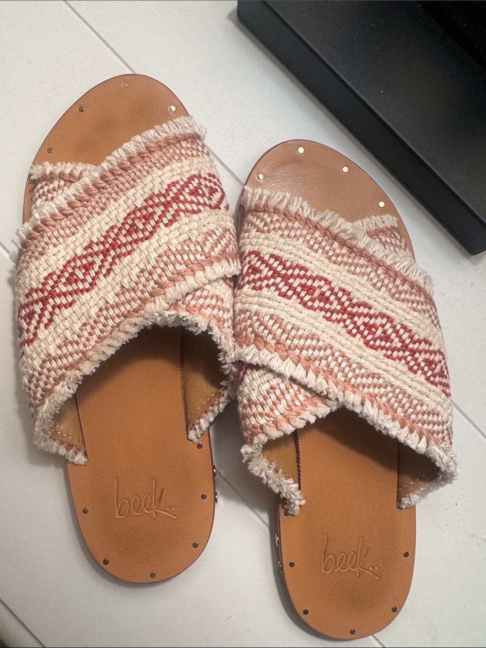 Beek Cream and Pink Woven Crossband Slide Sandals